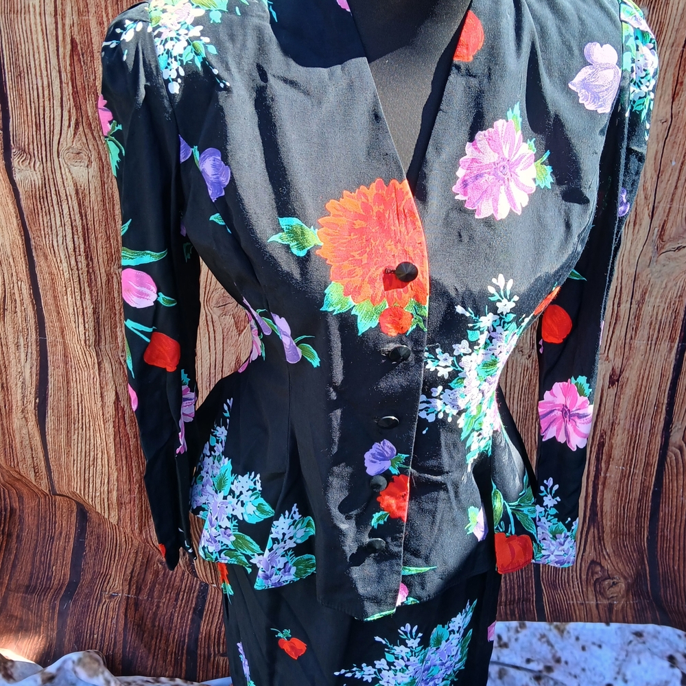 Floral Black Blazer and Skirt Set